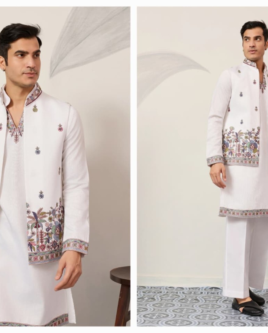 WHITE - Indian Traditional White Koti Kurta Pant for Mens Wear