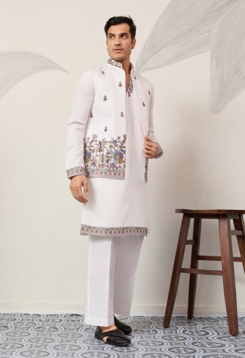 Indian Traditional White Koti Kurta Pant for Mens Wear