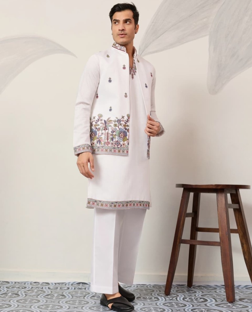 WHITE - Indian Traditional White Koti Kurta Pant for Mens Wear