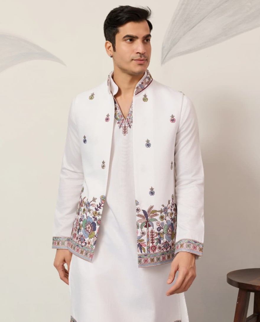 WHITE - Indian Traditional White Koti Kurta Pant for Mens Wear