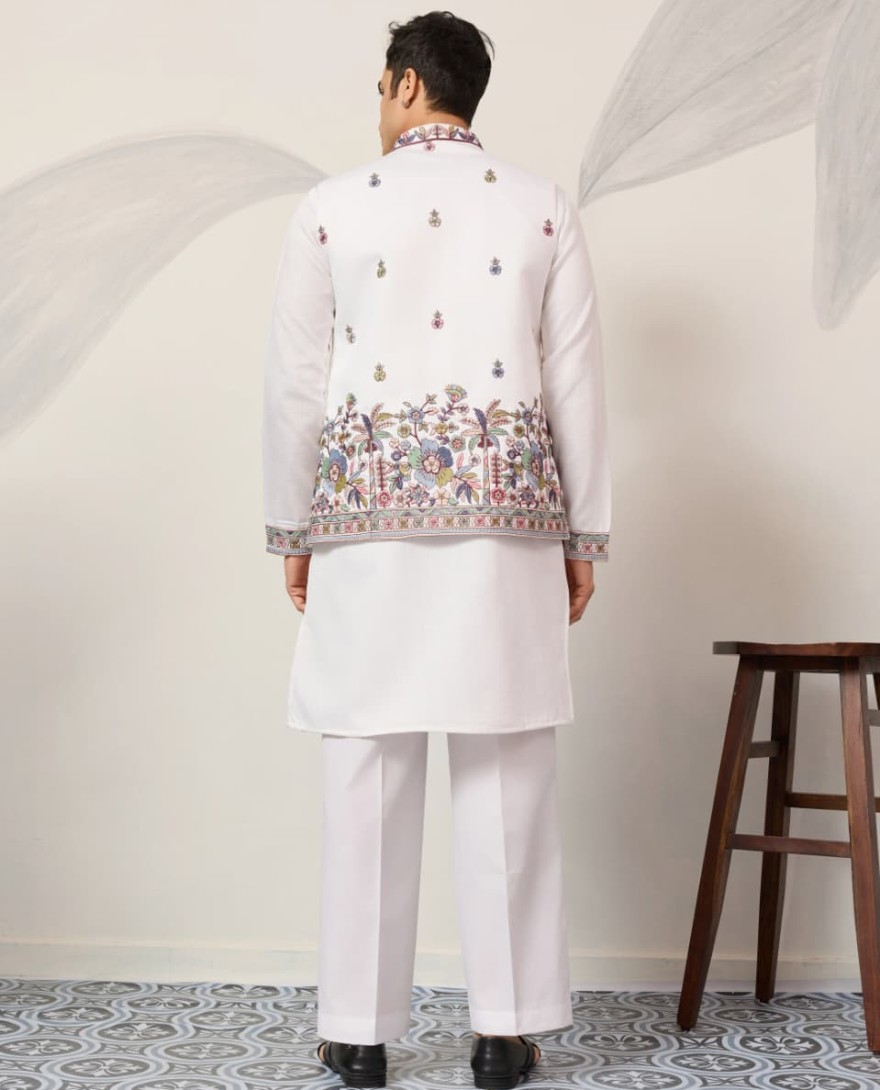 WHITE - Indian Traditional White Koti Kurta Pant for Mens Wear