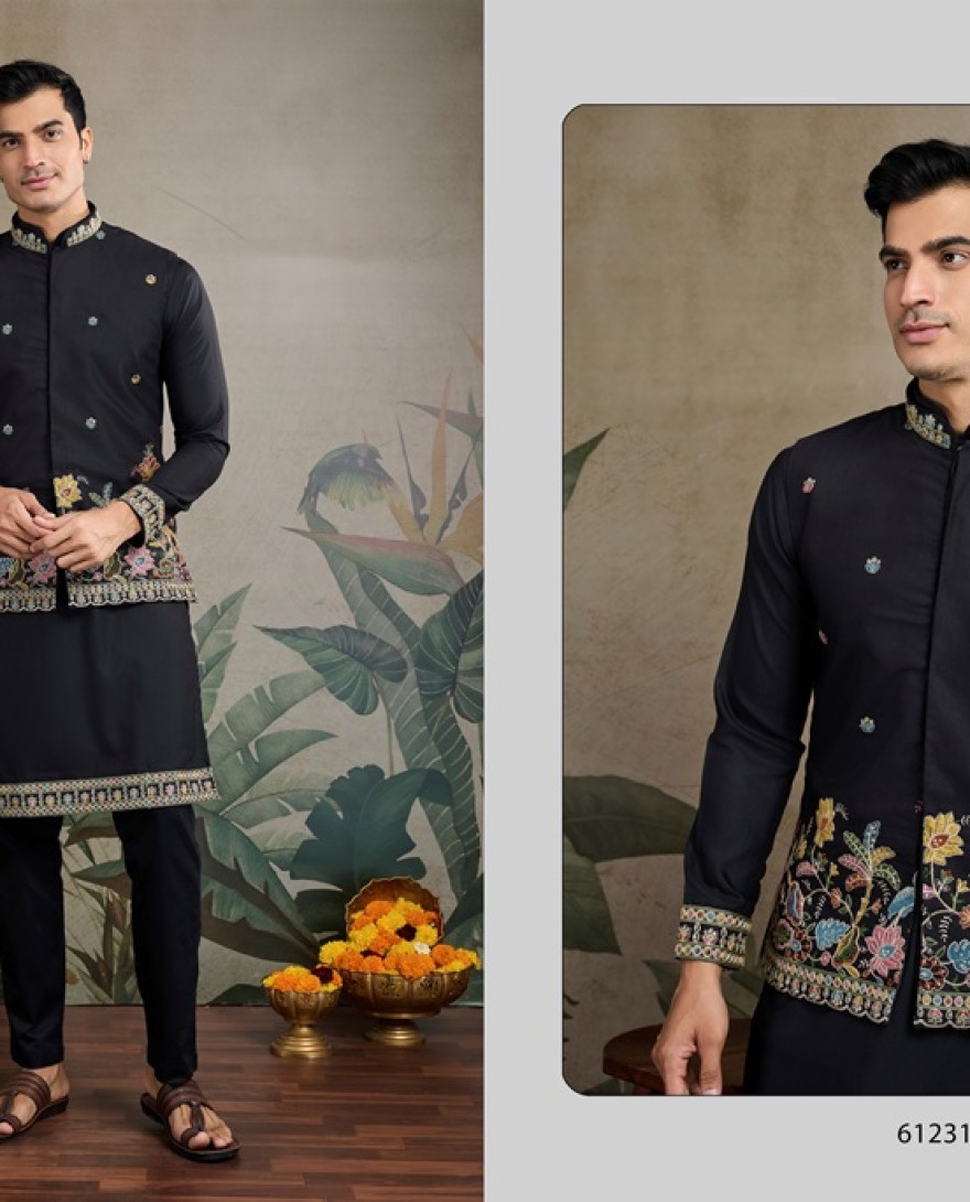 61231-black - Embroidery Black Cotton Kurta & Koti Jacket