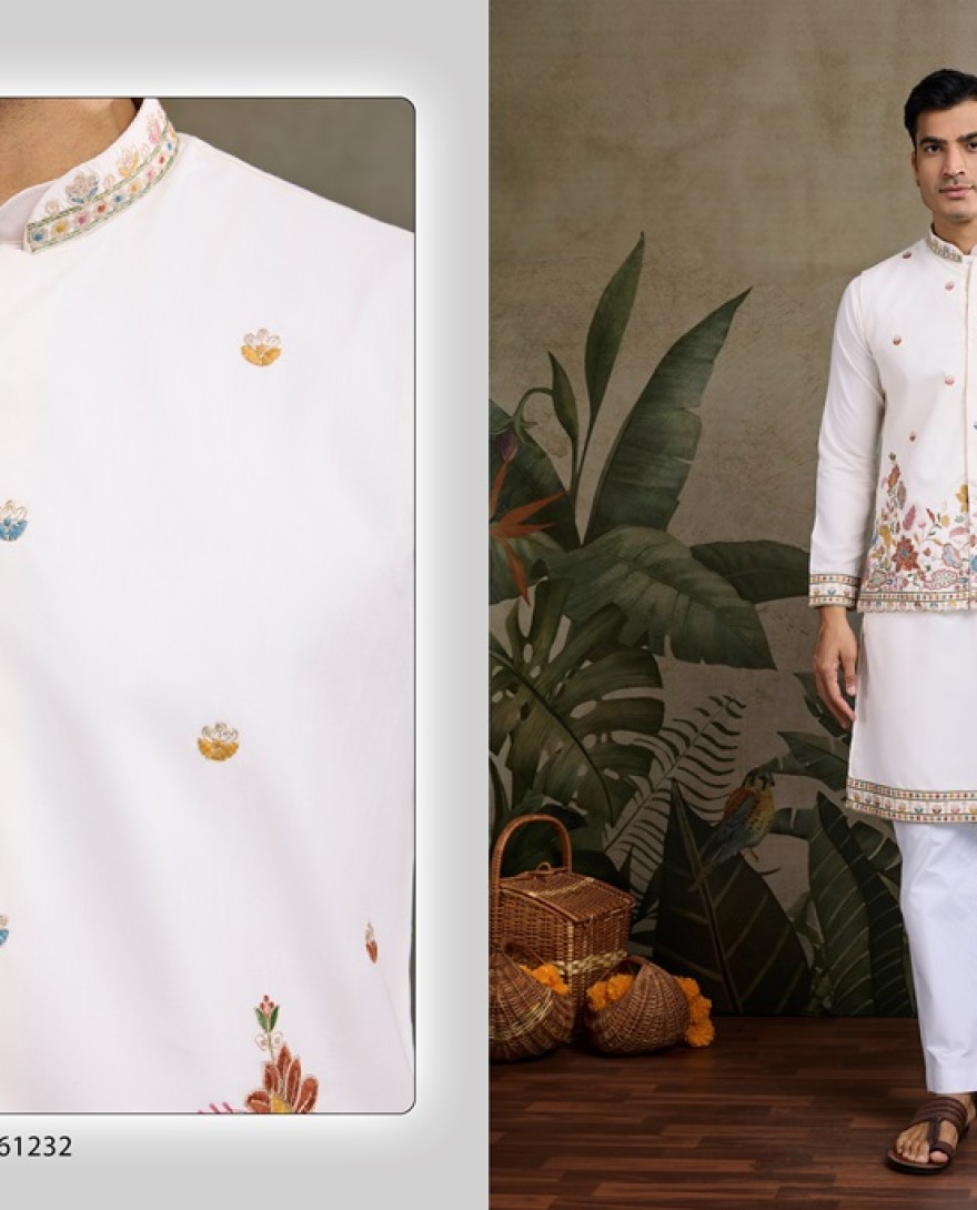 61232-white - Designer White Cotton Kurta with Embroidered Koti