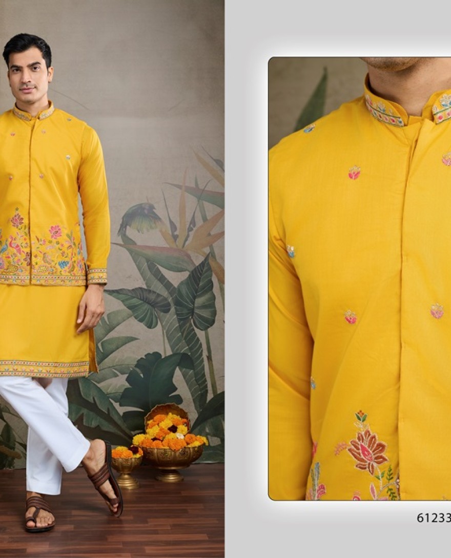 61233-yellow - Designer Yellow Cotton Kurta with Koti Jacket Online