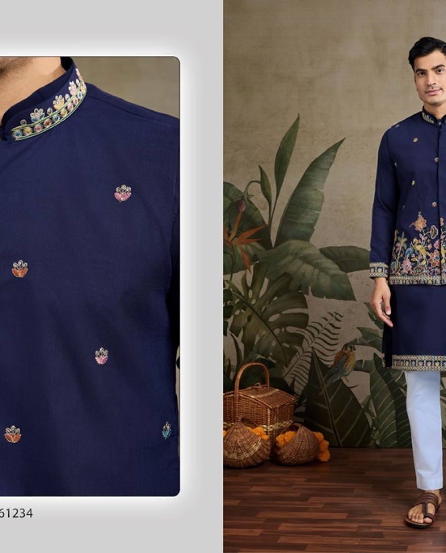 61234-navyblue - Stylish Navy Men's Kurta Koti Set – Elegant & Trendy