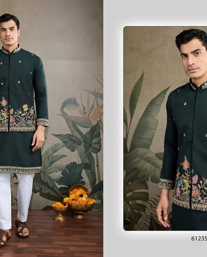 61235-green - Stylish Green Men's Kurta Koti Set – Trendy & Elegant