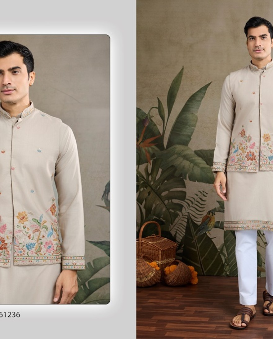 61236-ivory -  Stylish Ivory Men's Kurta Koti Set – Elegant & Trendy