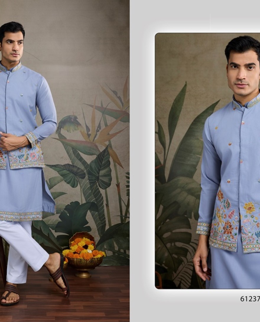 61237-blue - Sky Blue Men's Kurta Koti Set – Stylish & Elegant