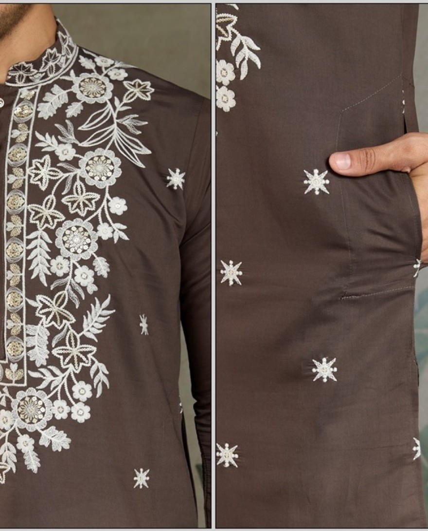61322-brown - Brown Thread & Sequence Hand Embroidered Men’s Kurta Set