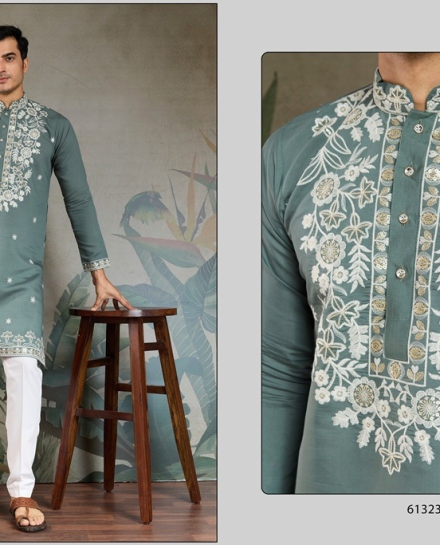 61323-green - Pista Green Thread & Sequence Hand Embroidered Men’s Kurta Set