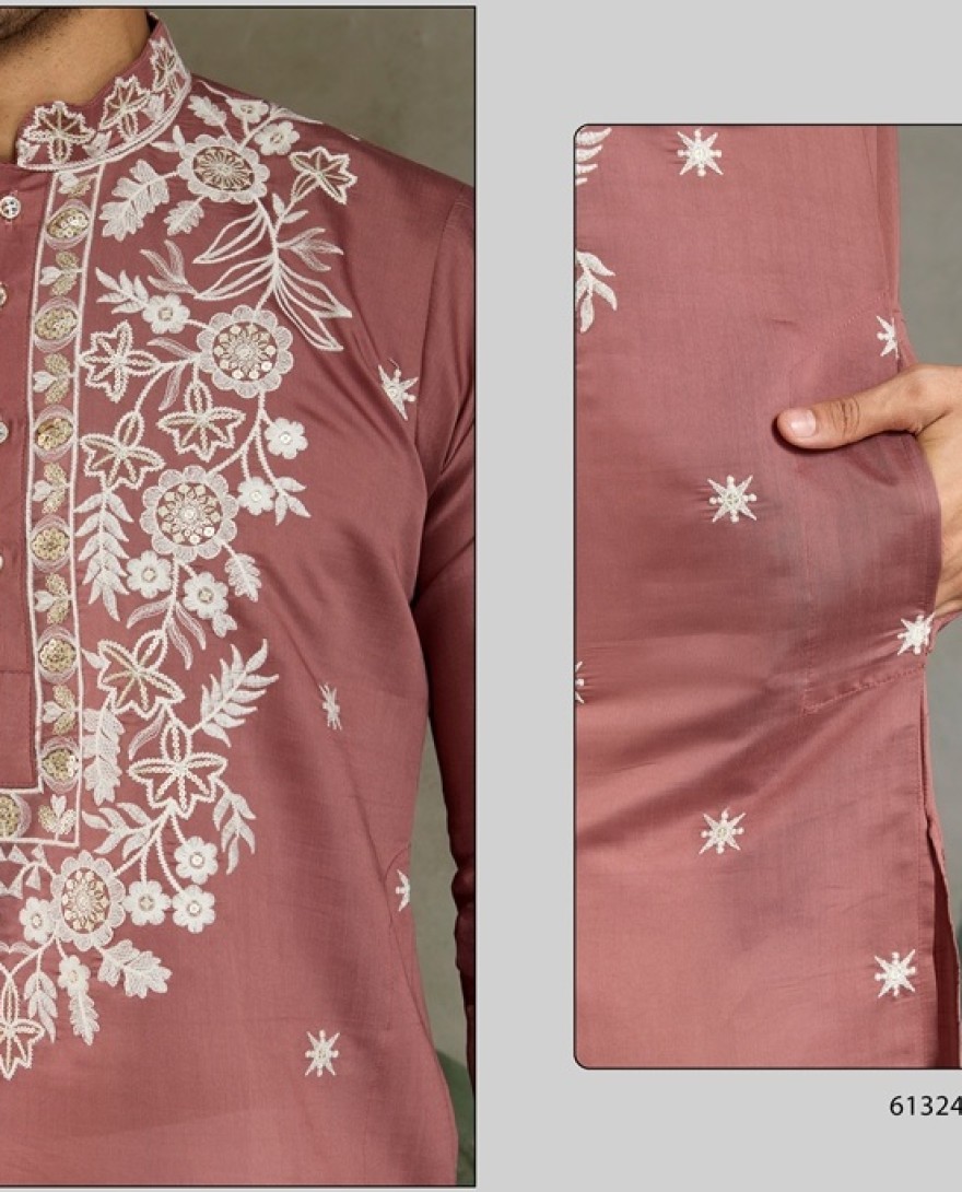 61324-pink - Pastel pink Thread & Sequence Hand Embroidered Men’s Kurta Set