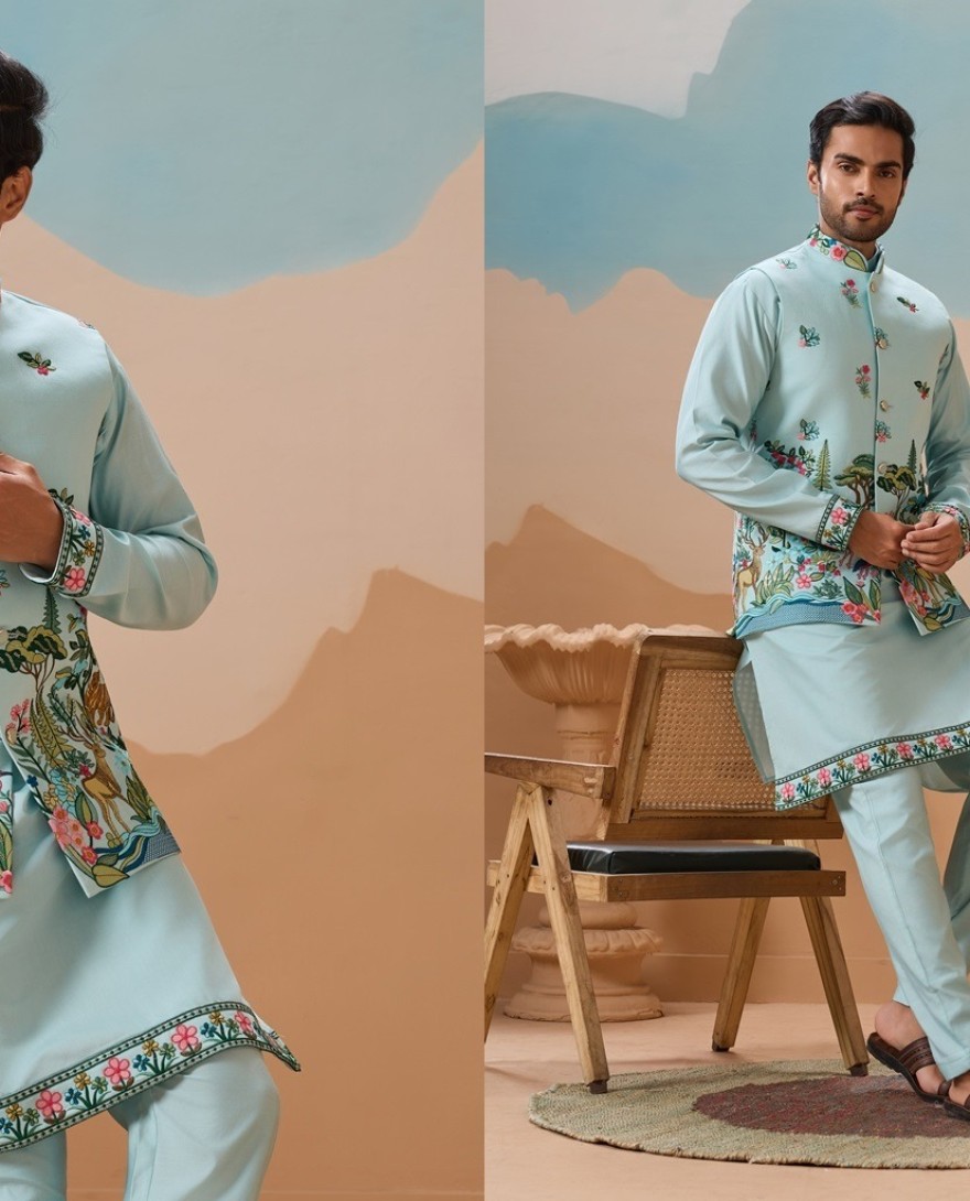 BLUE - Stylish Sky Color Mens Koti Kurta Set Collection