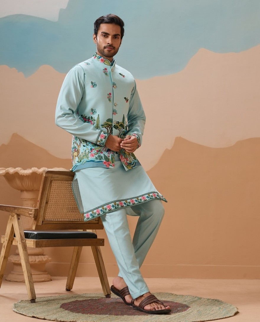 BLUE - Stylish Sky Color Mens Koti Kurta Set Collection