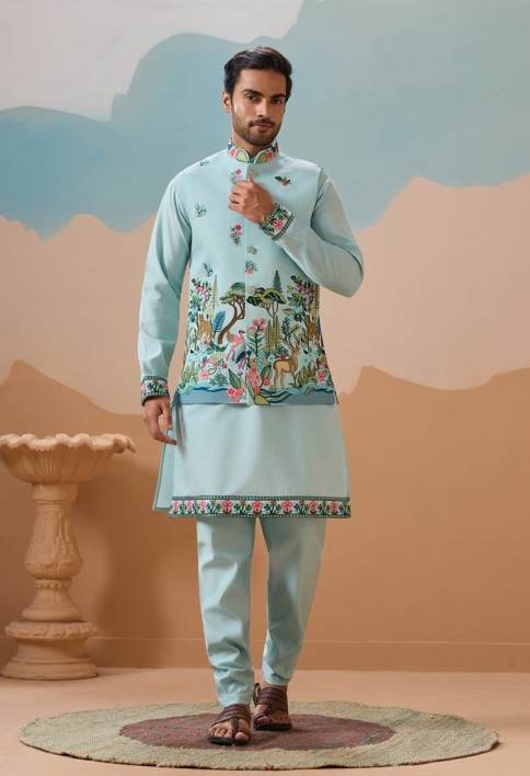 Stylish Sky Color Mens Koti Kurta Set Collection