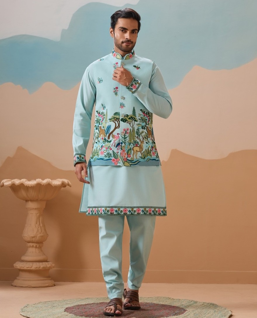 BLUE - Stylish Sky Color Mens Koti Kurta Set Collection