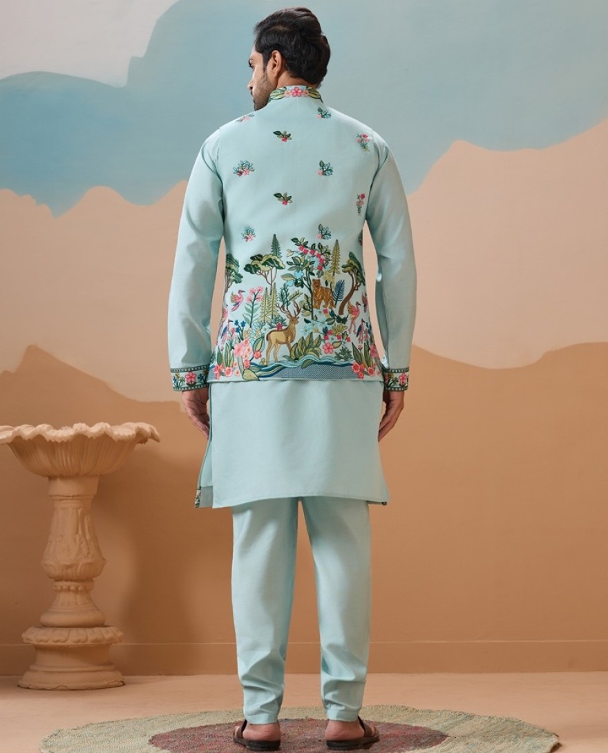 BLUE - Stylish Sky Color Mens Koti Kurta Set Collection