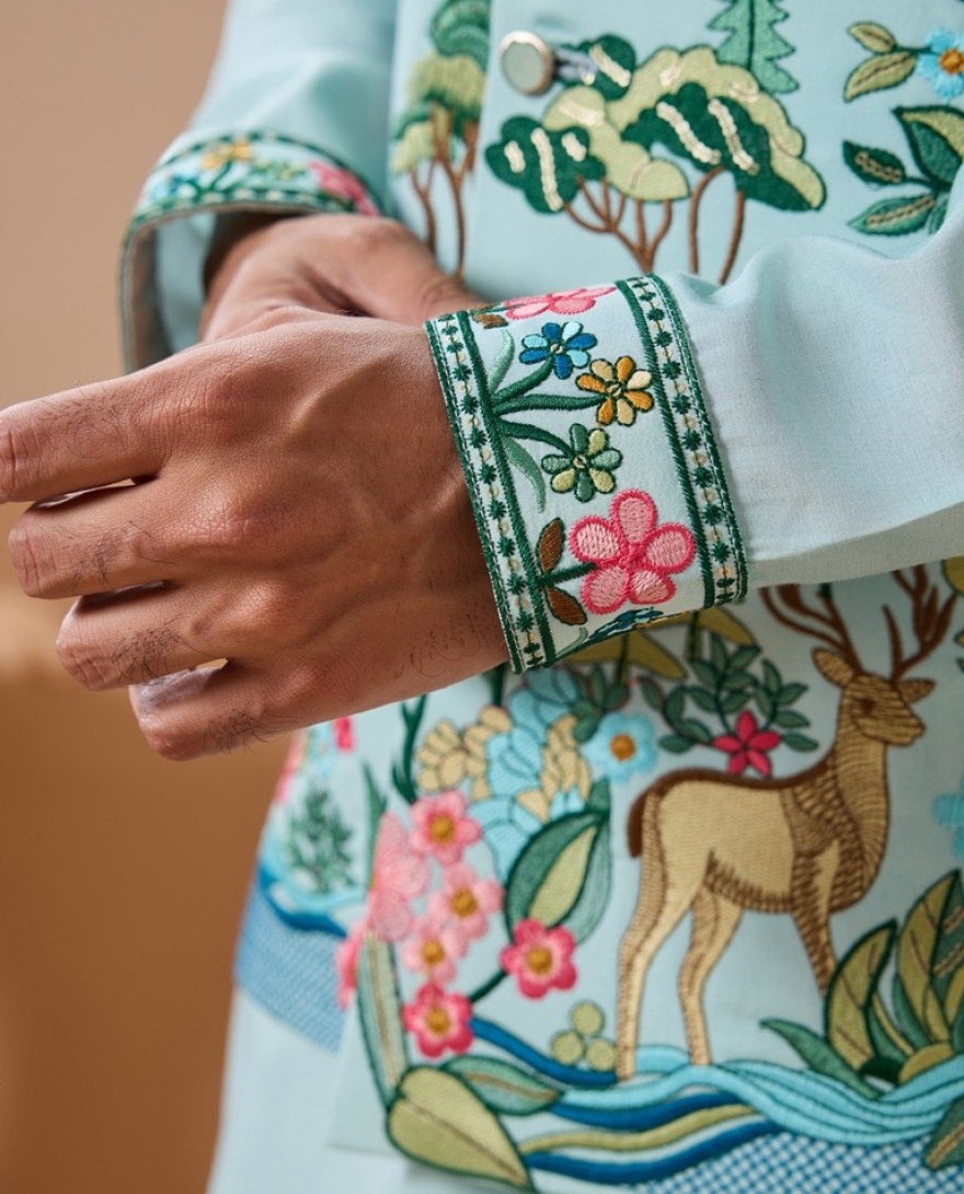 BLUE - Stylish Sky Color Mens Koti Kurta Set Collection