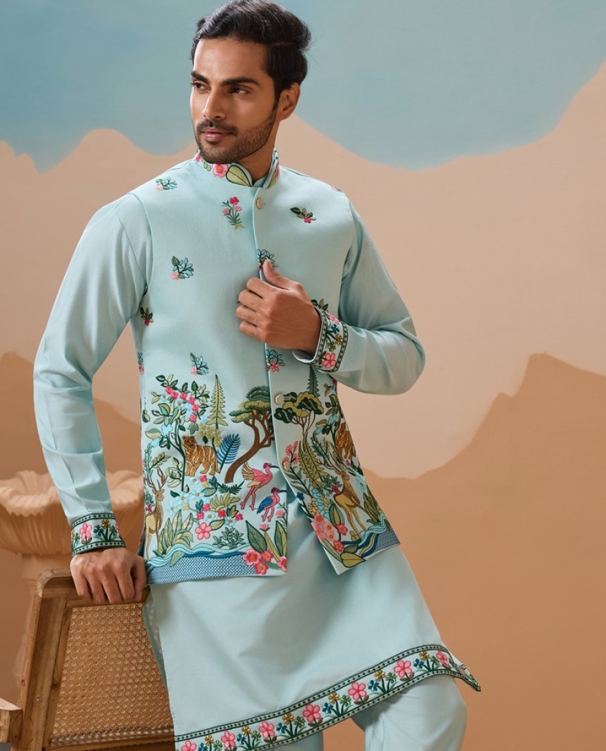 BLUE - Stylish Sky Color Mens Koti Kurta Set Collection
