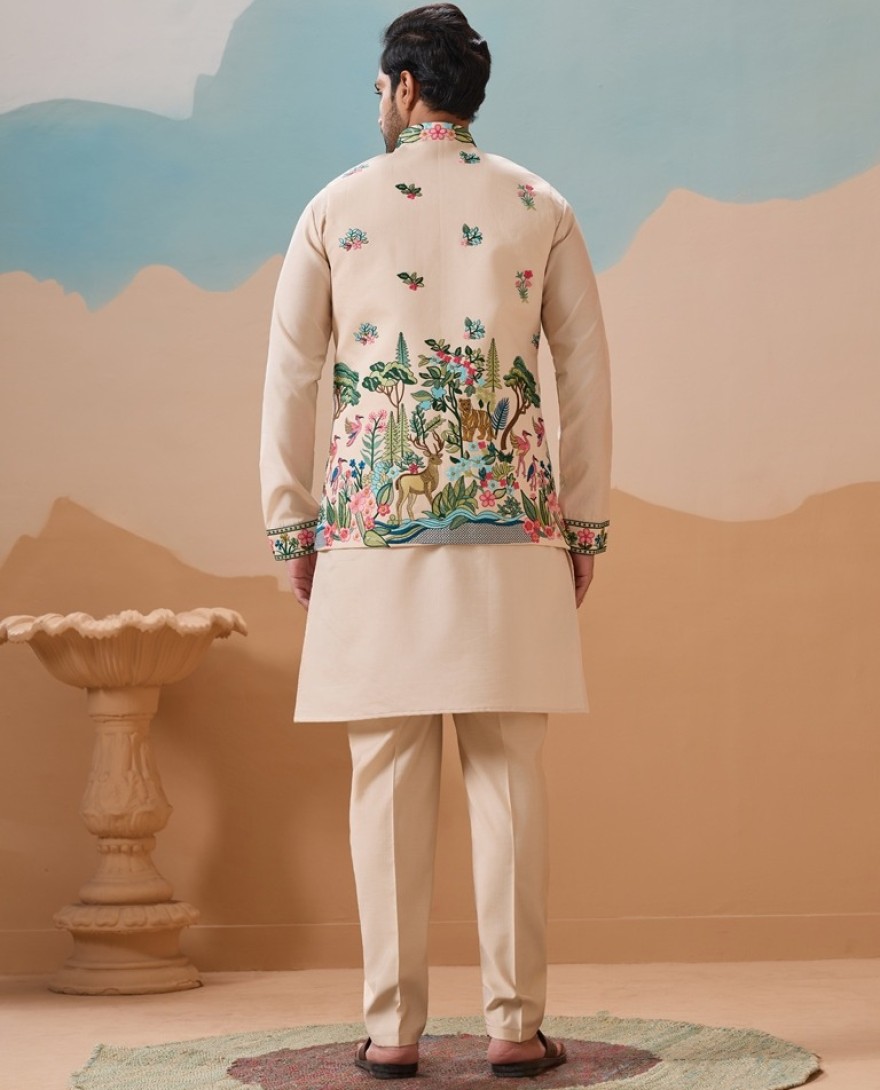 CREAM - Latest Beige Color Koti Kurta Set for Mens Wear Collection