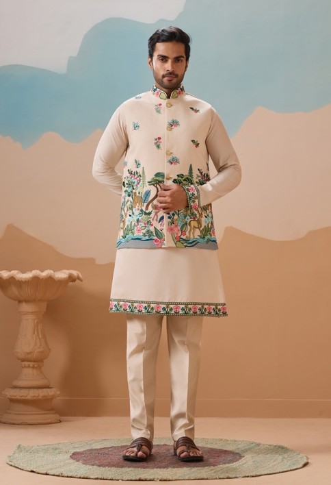 Latest Beige Color Koti Kurta Set for Mens Wear Collection
