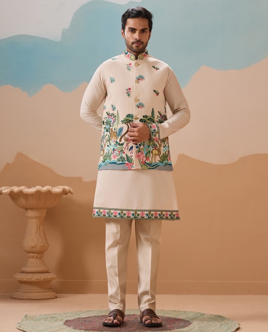 CREAM - Latest Beige Color Koti Kurta Set for Mens Wear Collection