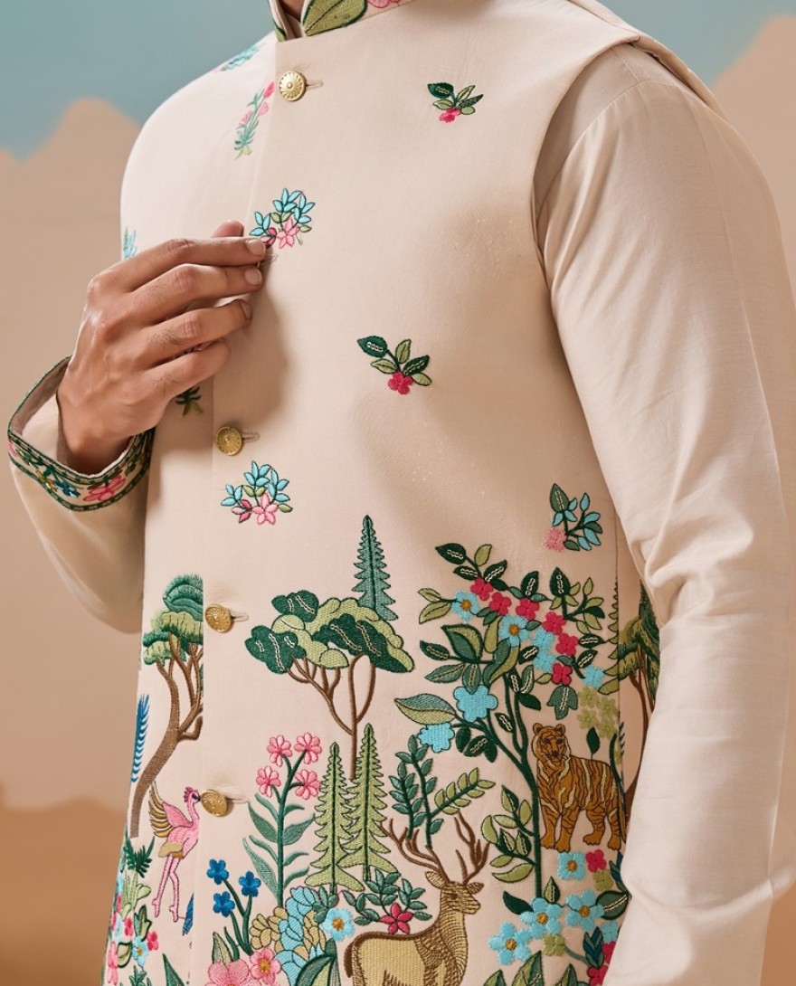 CREAM - Latest Beige Color Koti Kurta Set for Mens Wear Collection