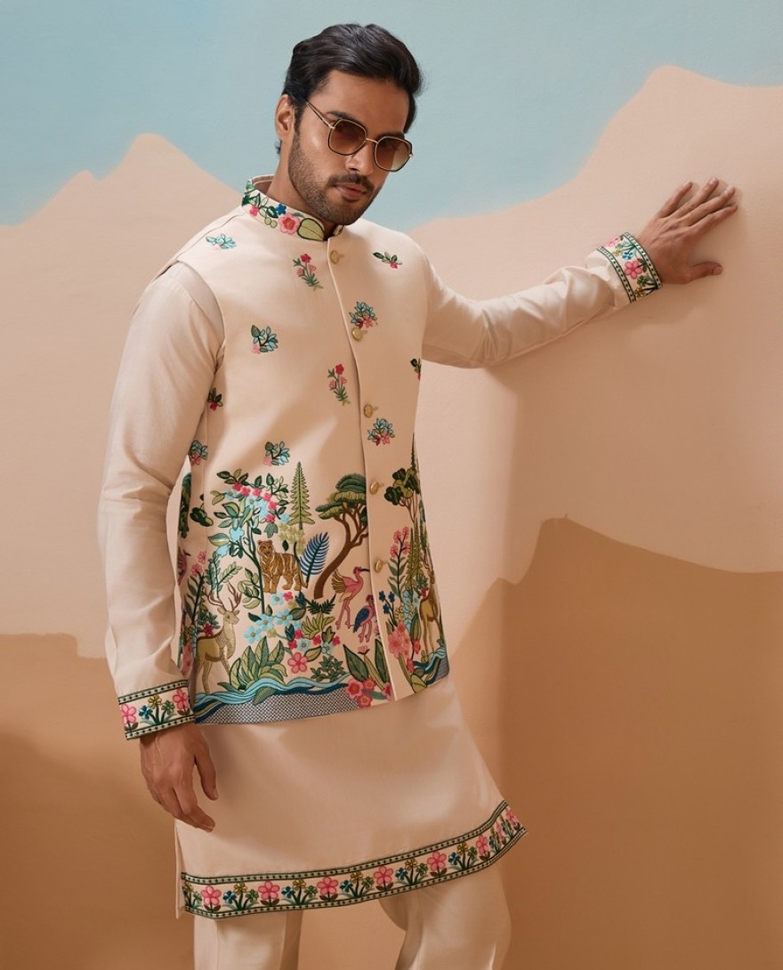 CREAM - Latest Beige Color Koti Kurta Set for Mens Wear Collection