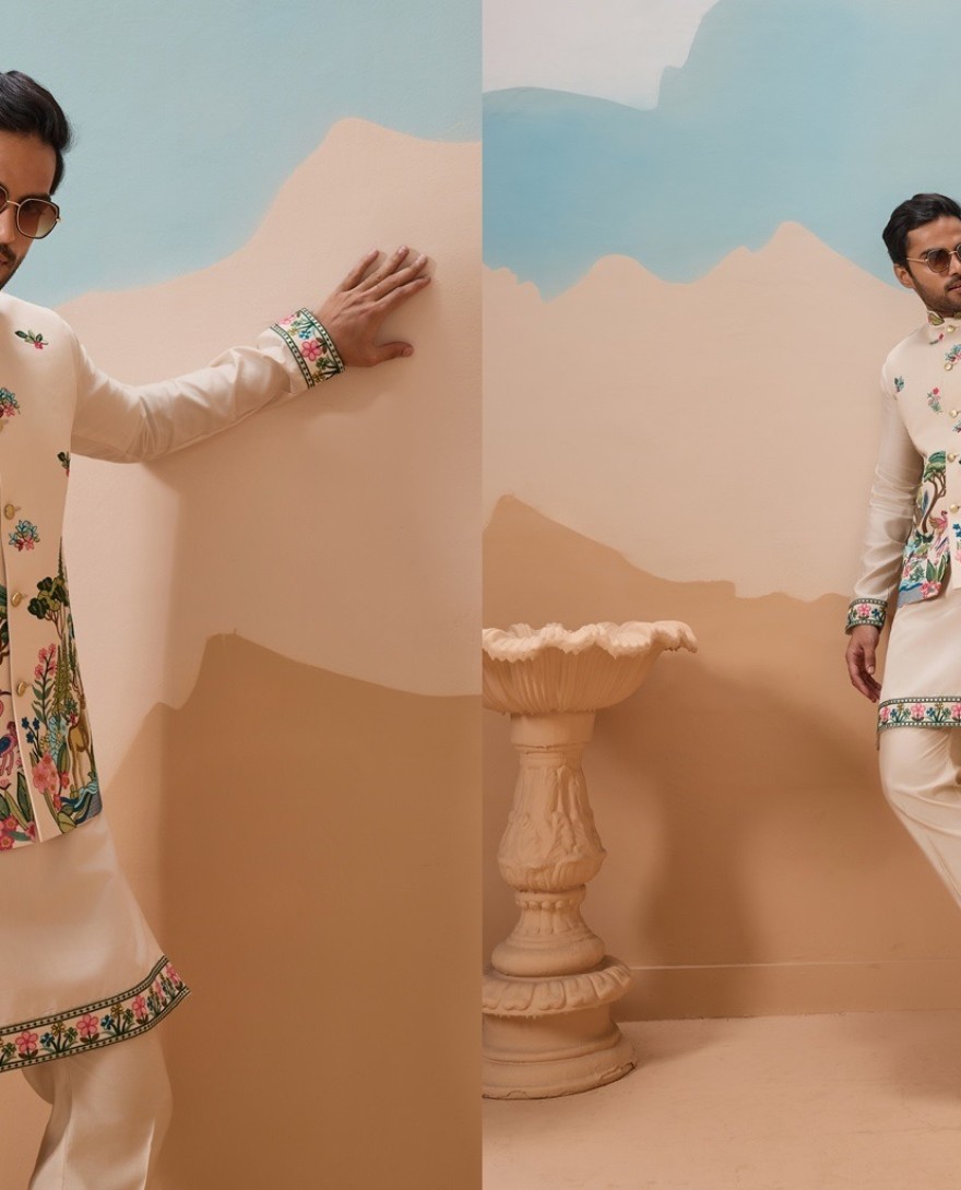 CREAM - Latest Beige Color Koti Kurta Set for Mens Wear Collection