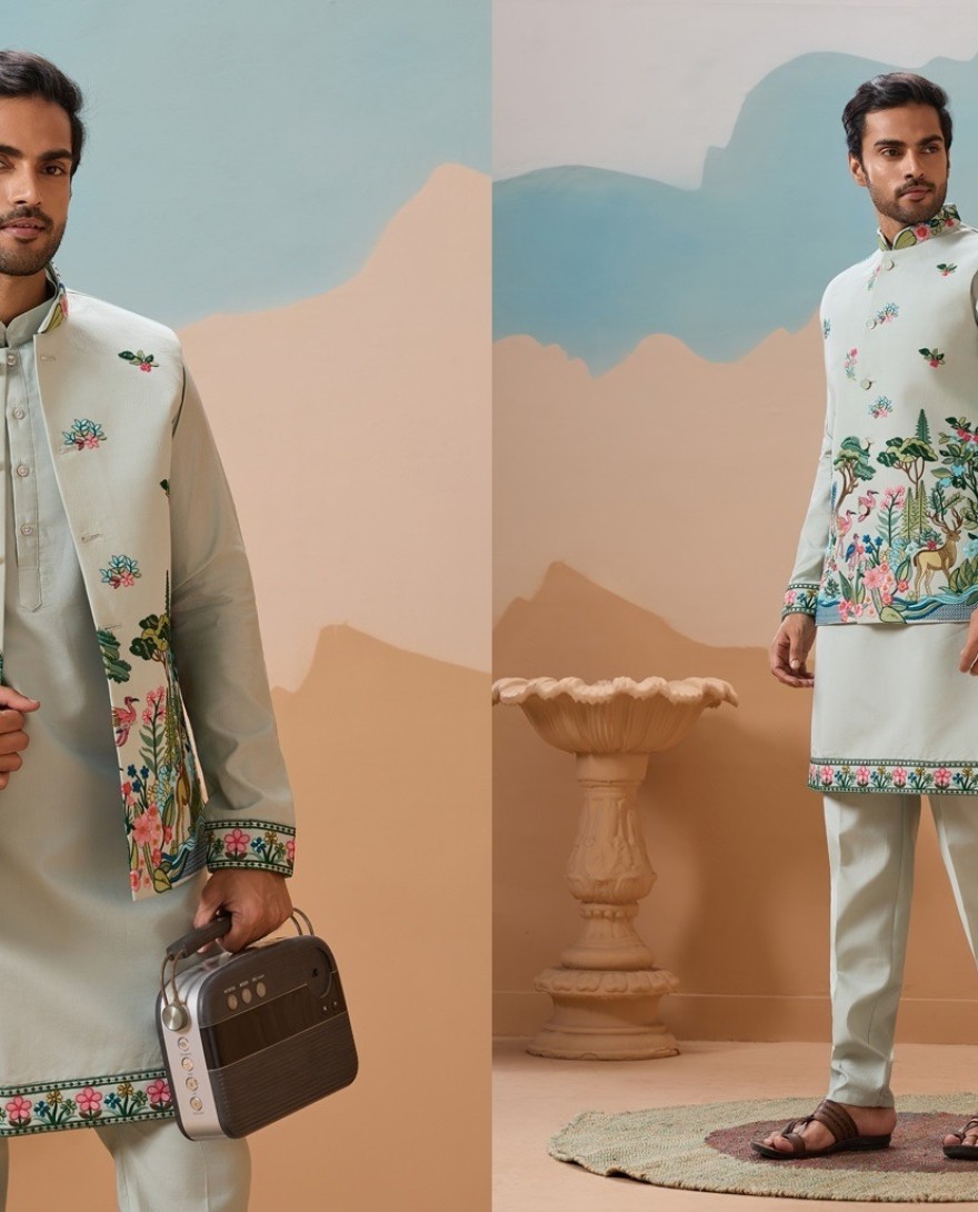 GREEN - Trendy Royal Pista Ethnic Wear Koti Kurta Set for Men