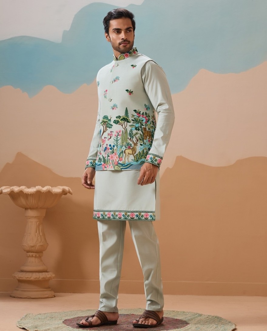 GREEN - Trendy Royal Pista Ethnic Wear Koti Kurta Set for Men