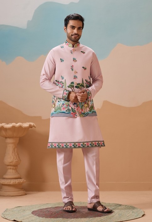 Classy Light Pink Mens Koti Kurta for Wedding Celebrations