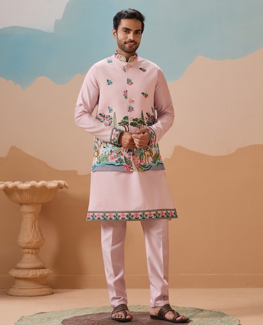 PINK - Classy Light Pink Mens Koti Kurta for Wedding Celebrations