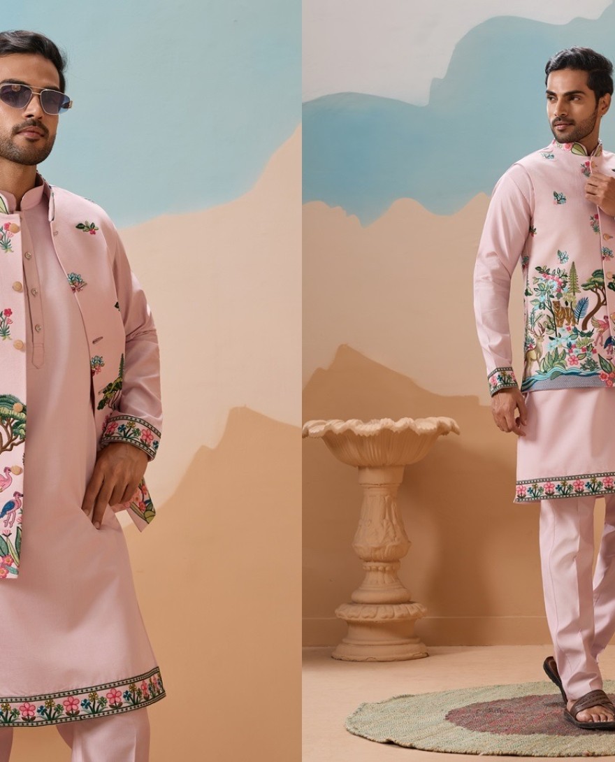 PINK - Classy Light Pink Mens Koti Kurta for Wedding Celebrations