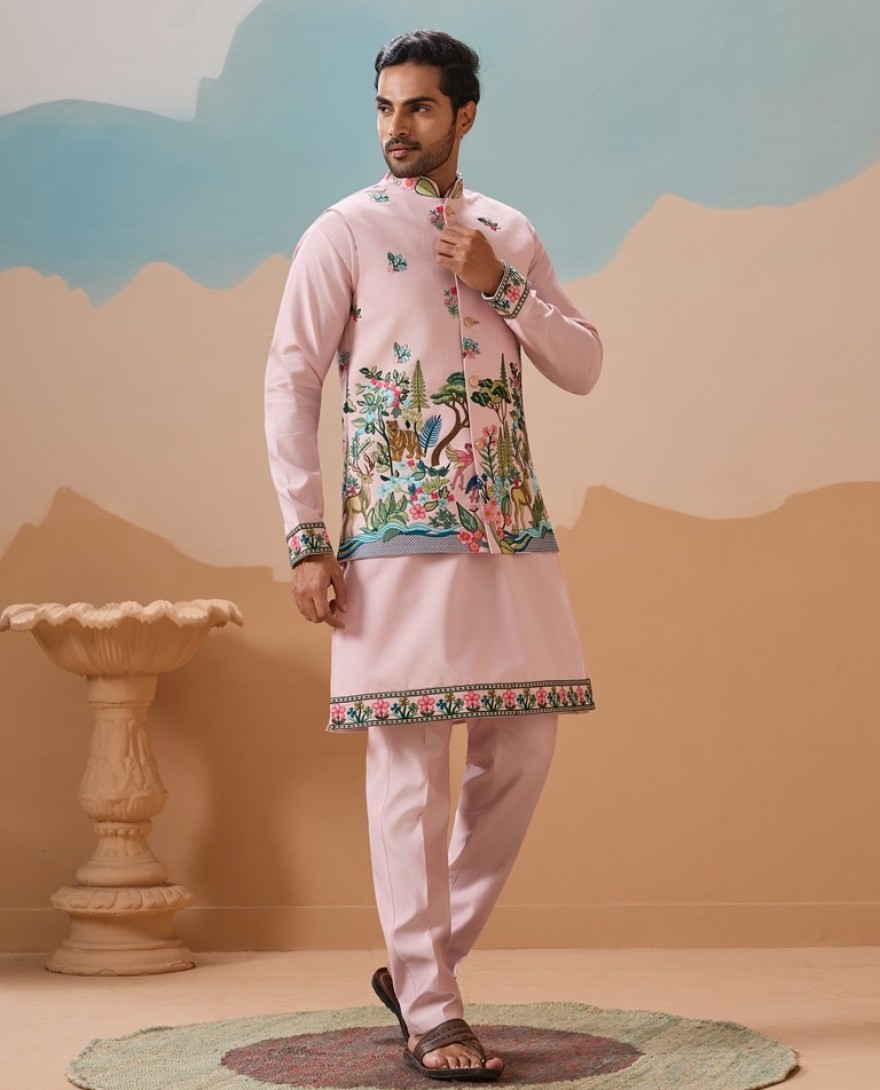 PINK - Classy Light Pink Mens Koti Kurta for Wedding Celebrations