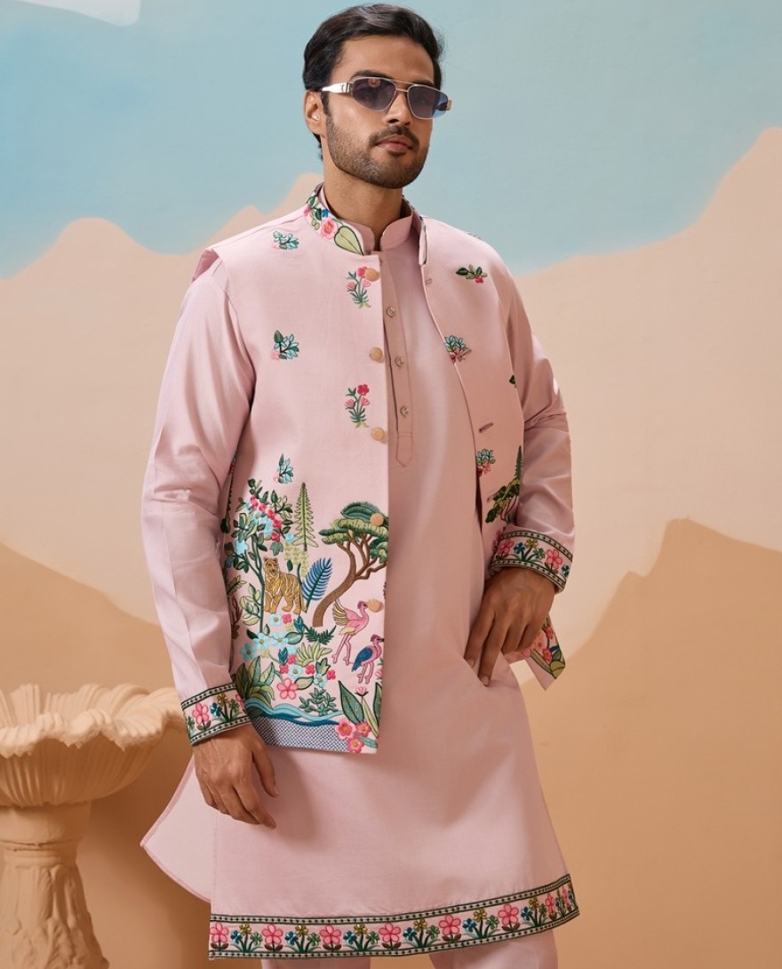 PINK - Classy Light Pink Mens Koti Kurta for Wedding Celebrations