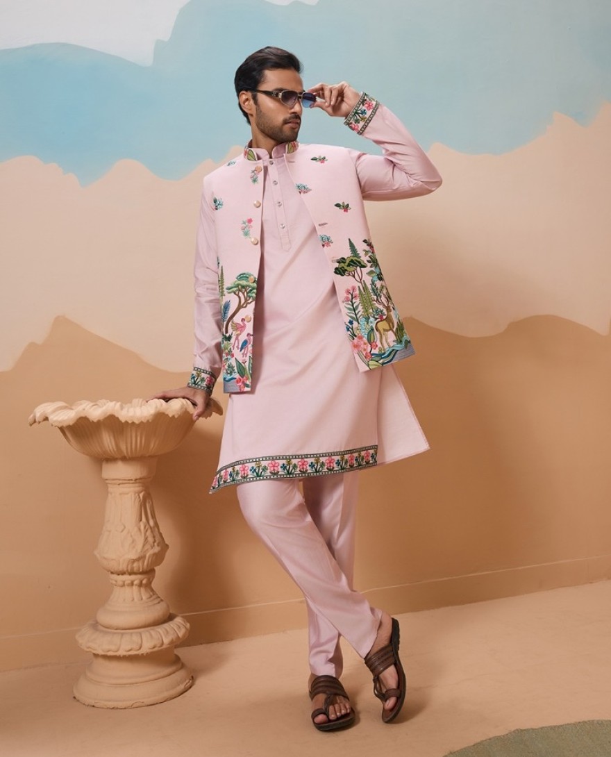 PINK - Classy Light Pink Mens Koti Kurta for Wedding Celebrations