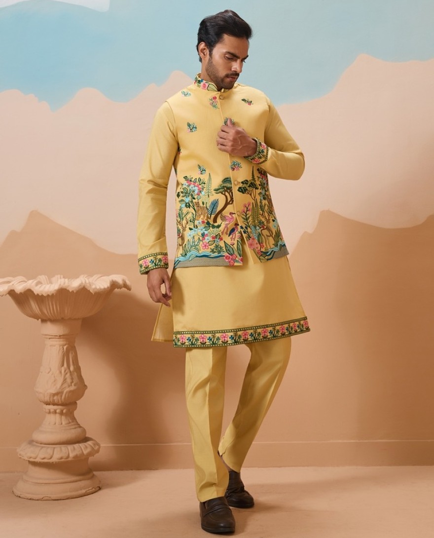 YELLOW - Haldi Special Yellow Classic Koti Kurta Set for Mens Wear