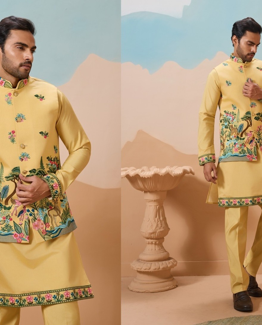 YELLOW - Haldi Special Yellow Classic Koti Kurta Set for Mens Wear