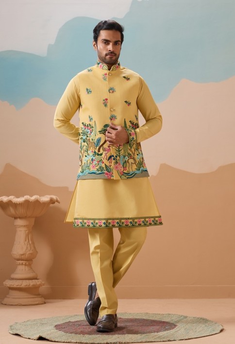 Haldi Special Yellow Classic Koti Kurta Set for Mens Wear