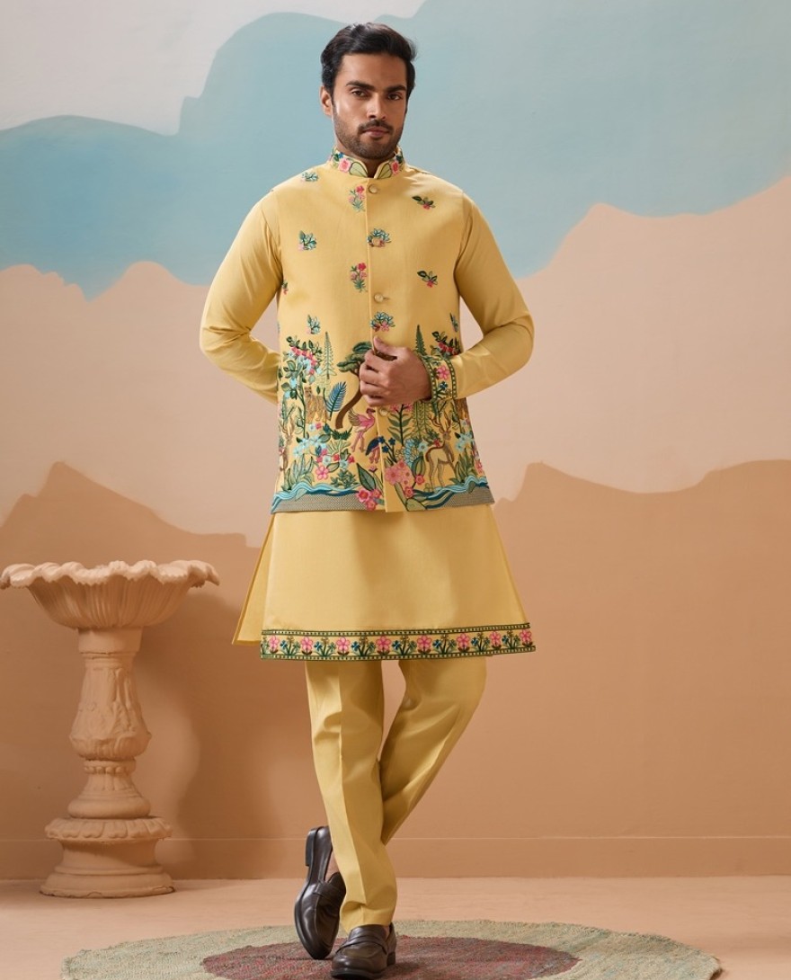 YELLOW - Haldi Special Yellow Classic Koti Kurta Set for Mens Wear
