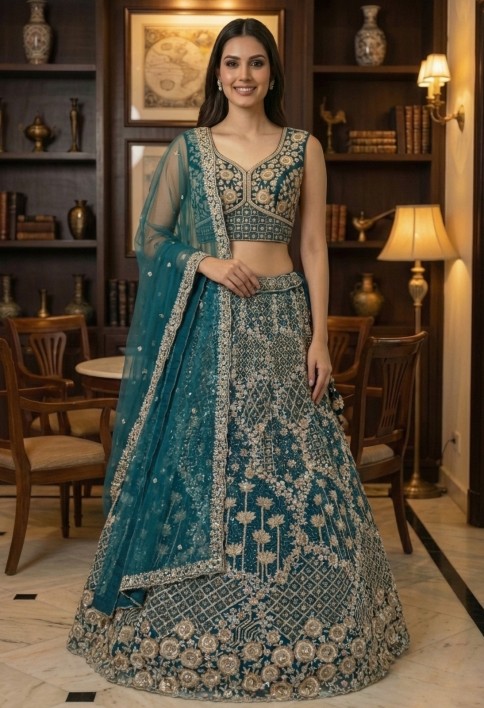 Elegant Blue Embroidery and work Party wear Lehenag Choli