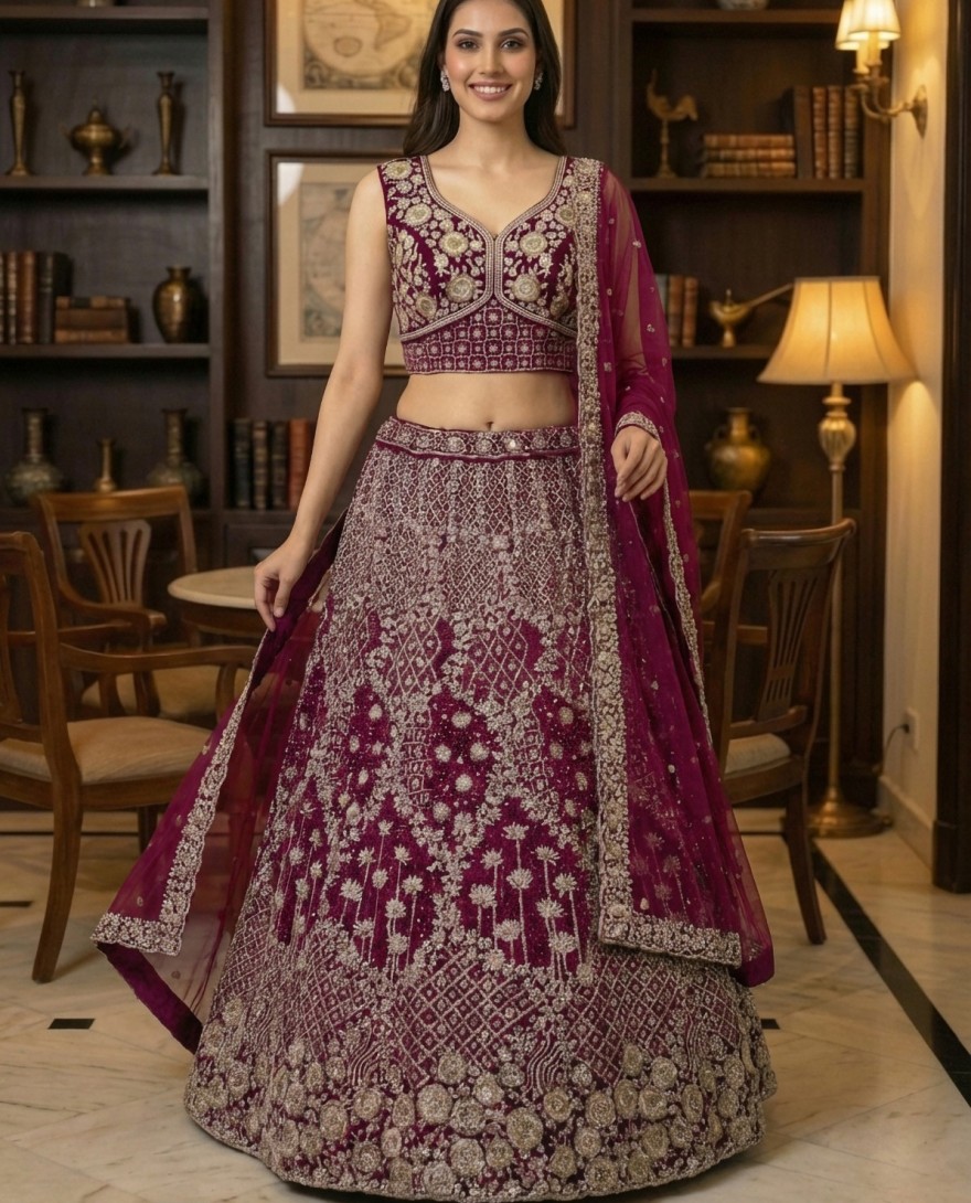 MAROON - Elegant Maroon Embroidery and work Party wear Lehenag Choli