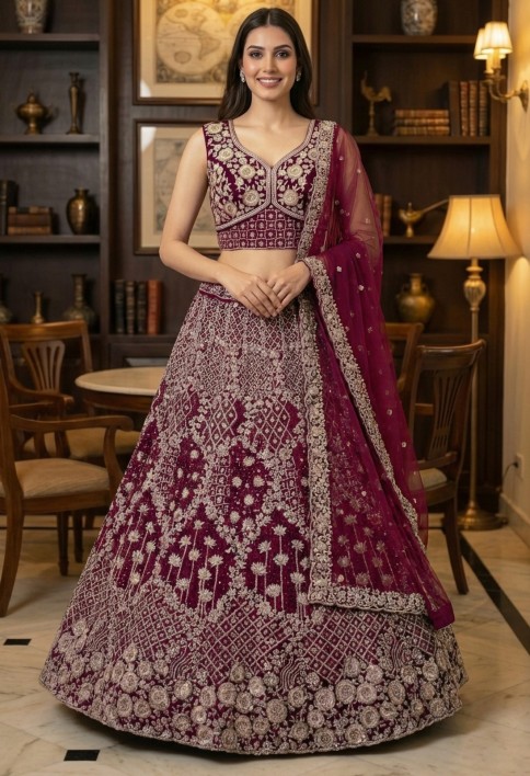 Elegant Maroon Embroidery and work Party wear Lehenag Choli