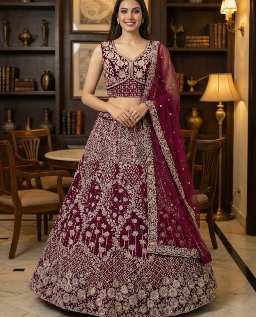 MAROON - Elegant Maroon Embroidery and work Party wear Lehenag Choli