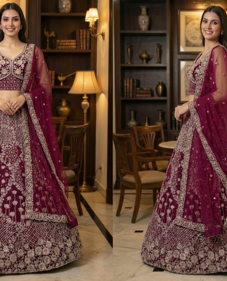 MAROON - Elegant Maroon Embroidery and work Party wear Lehenag Choli