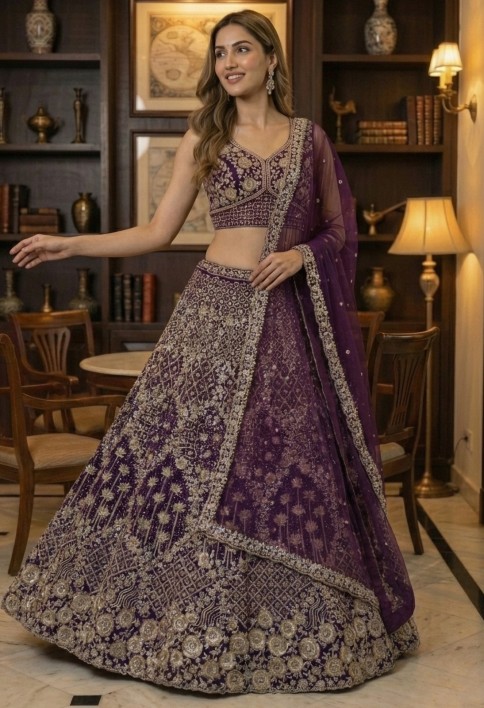 Elegant Purple Embroidery and work Party wear Lehenag Choli