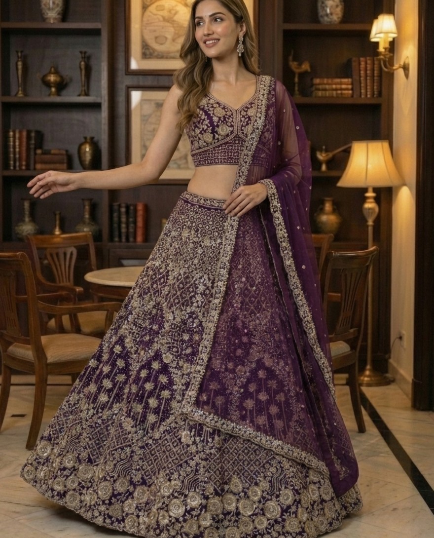 PURPLE - Elegant Purple Embroidery and work Party wear Lehenag Choli