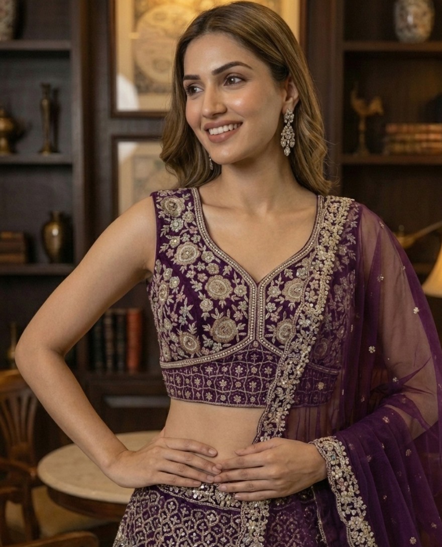 PURPLE - Elegant Purple Embroidery and work Party wear Lehenag Choli