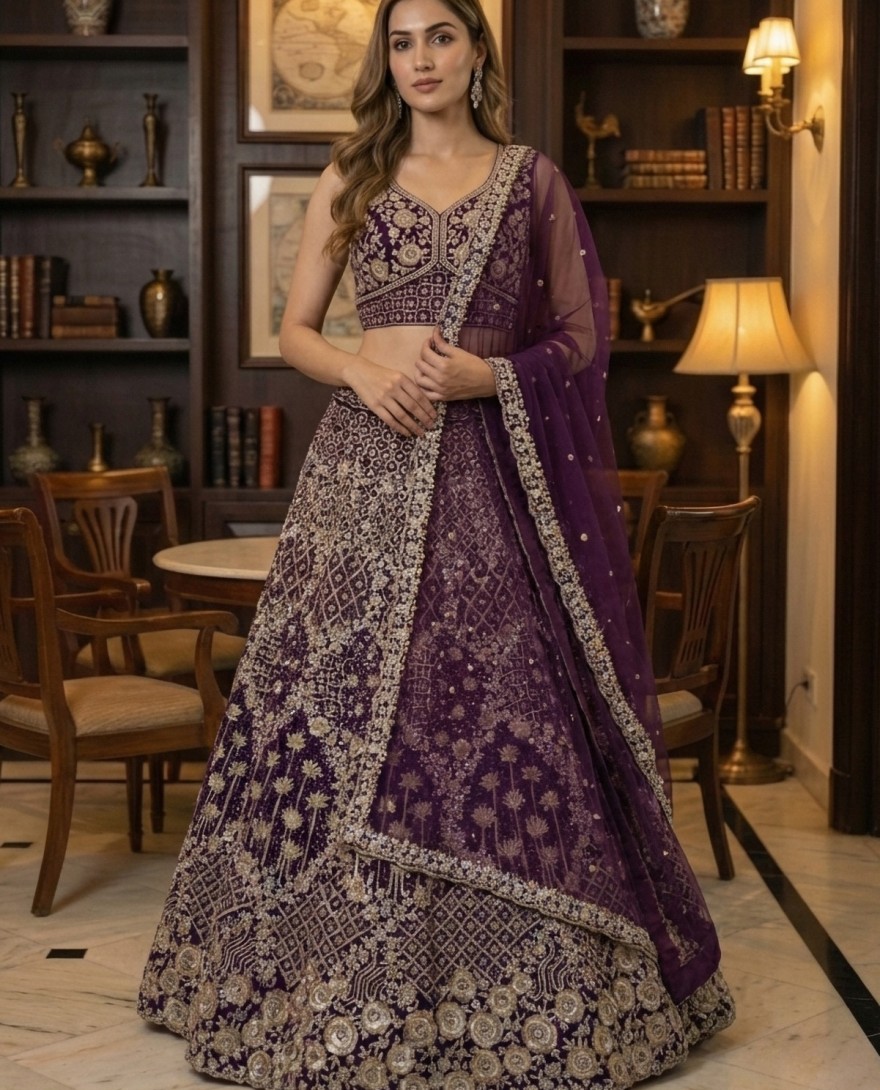 PURPLE - Elegant Purple Embroidery and work Party wear Lehenag Choli