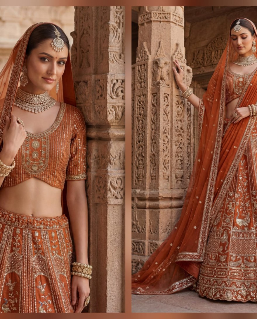ORANGE - Beautiful Rust Orange Sequins Silk Bridal Lehenga Choli With Double Dupatta
